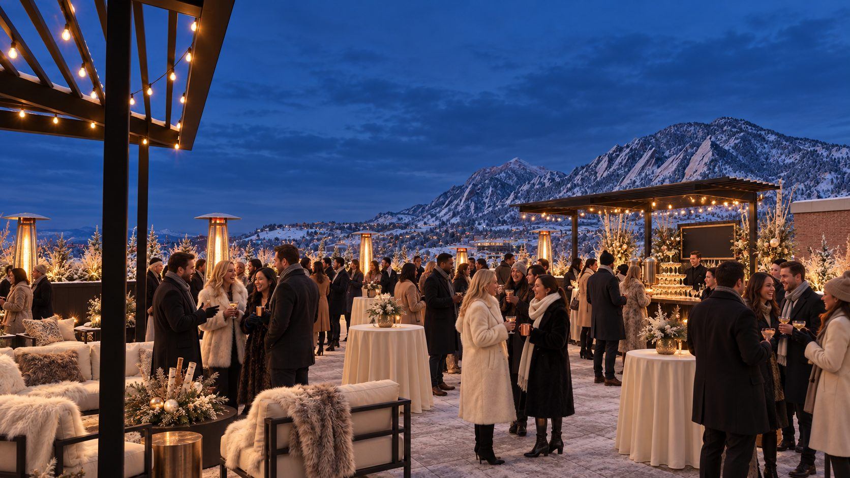 The VUE/boulder rooftop at blue hour in winter, string lights and heaters, the Flatirons in snow